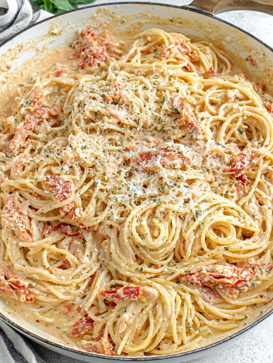 A bowl of pasta with sun-dried tomatoes.
