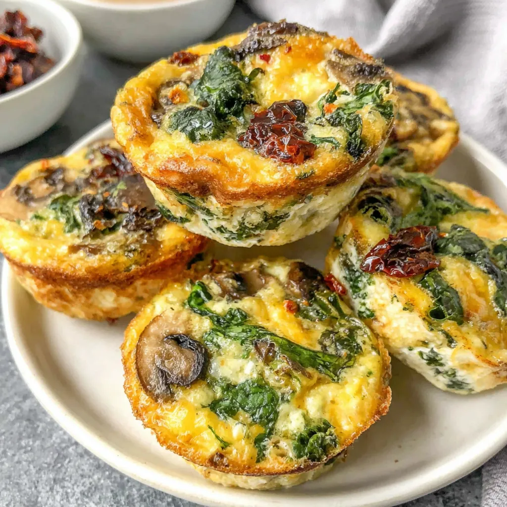 Four kale and mushroom egg bites on a plate.