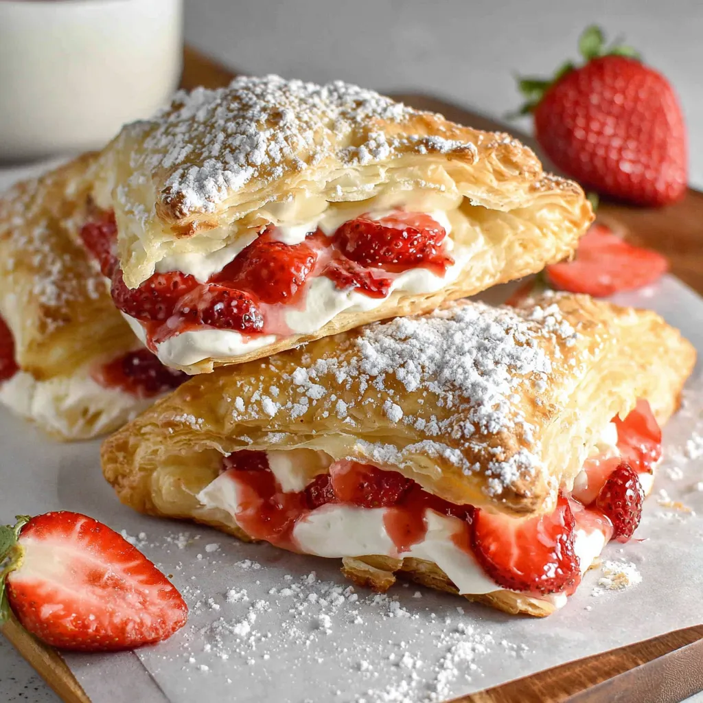Two strawberry cheesecake turnovers with powdered sugar on a wooden cutting board.