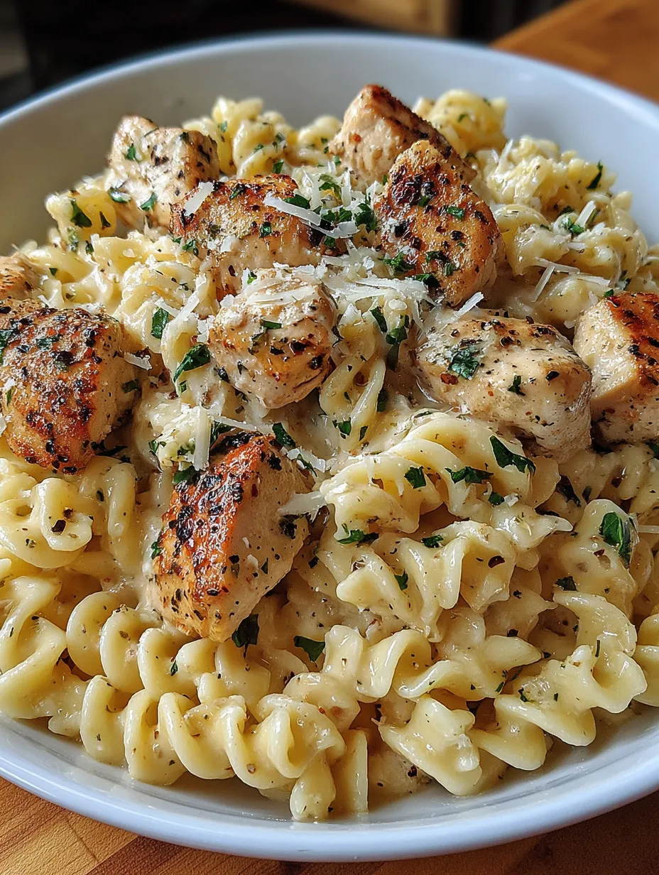 A bowl of creamy garlic parmesan chicken pasta.