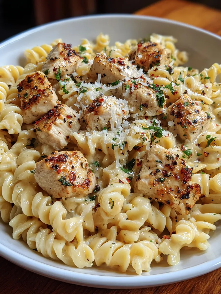 A bowl of creamy garlic parmesan chicken pasta.