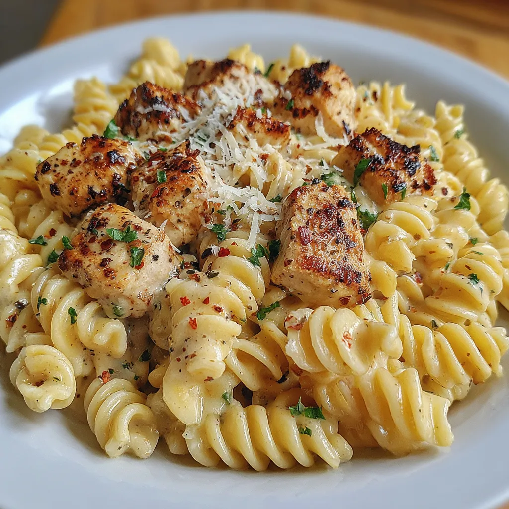 A plate of creamy garlic parmesan chicken pasta.
