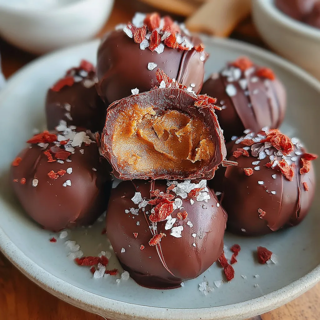 A plate of chocolate truffles with red pepper flakes on top.