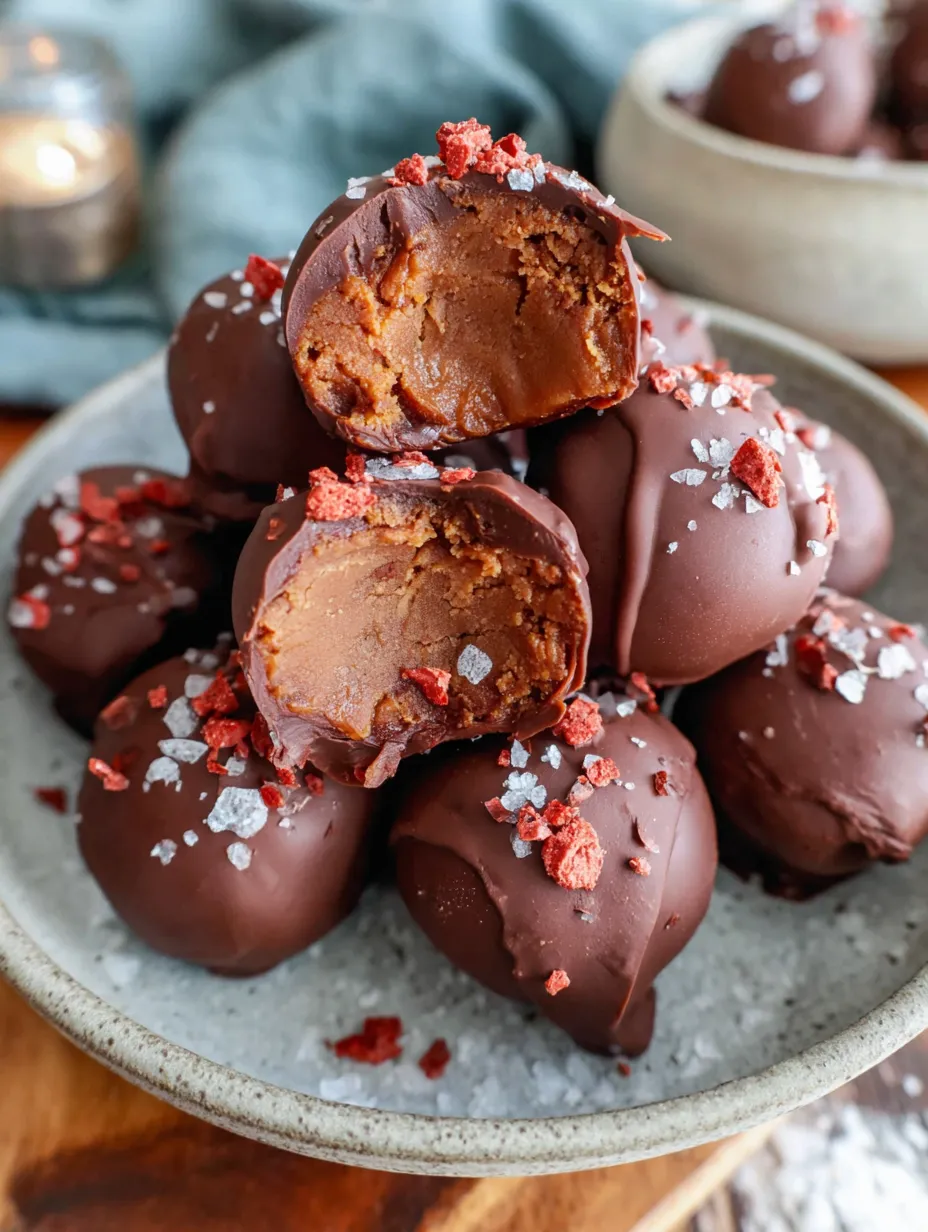 A plate of chocolate truffles with red sprinkles.