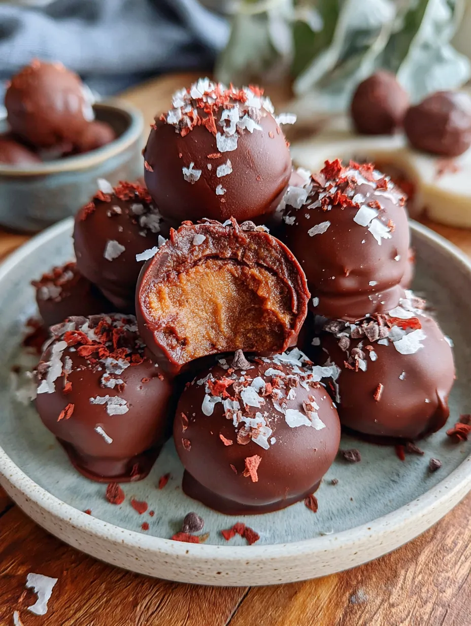 A plate of chocolate truffles with a bite taken out of one.