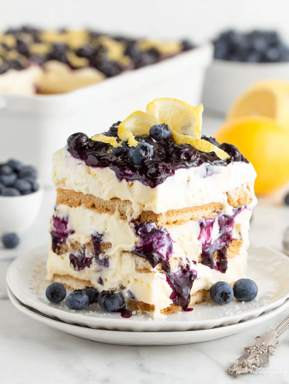 A slice of lemon blueberry icebox cake.
