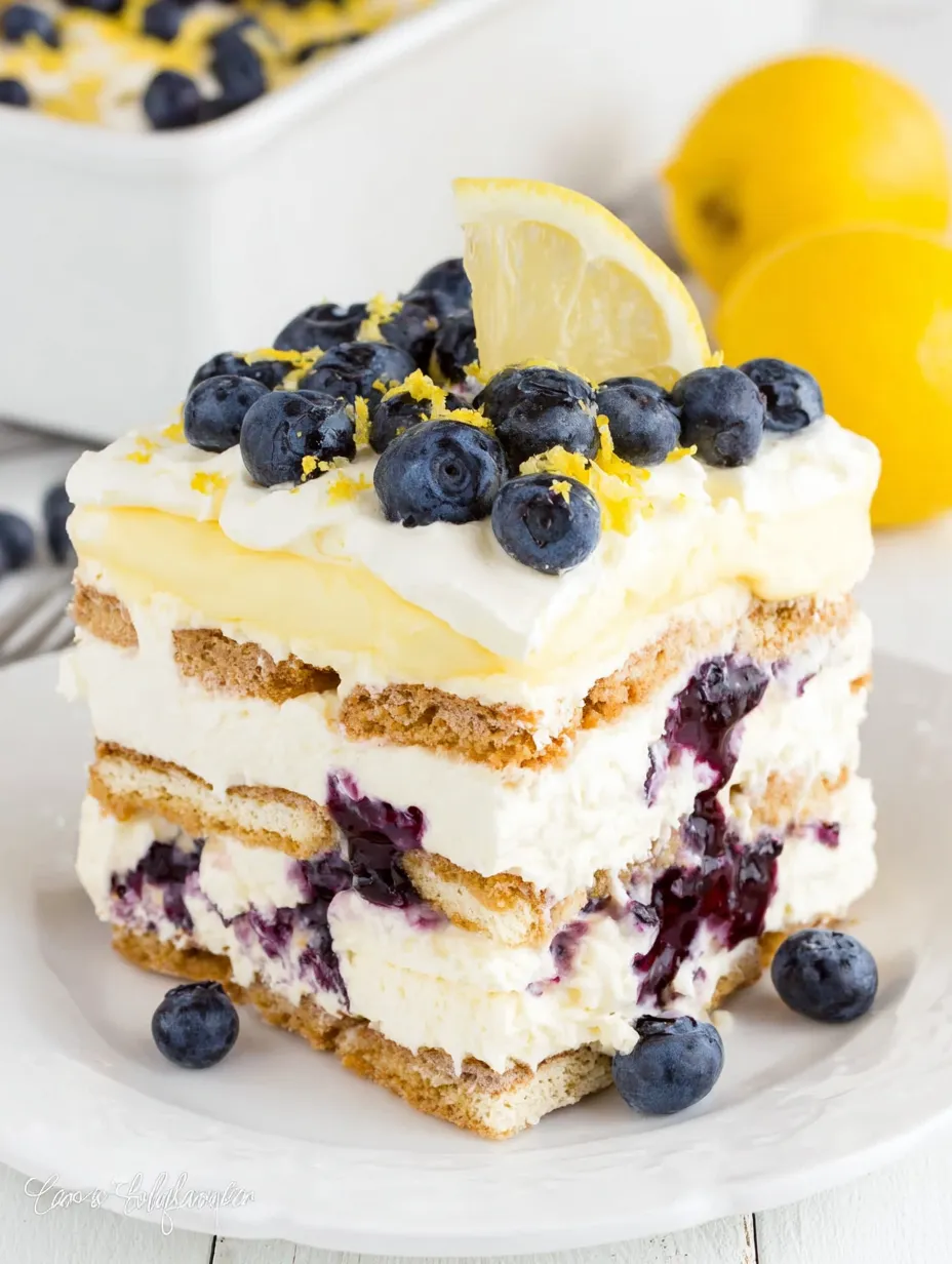 A slice of lemon blueberry icebox cake.