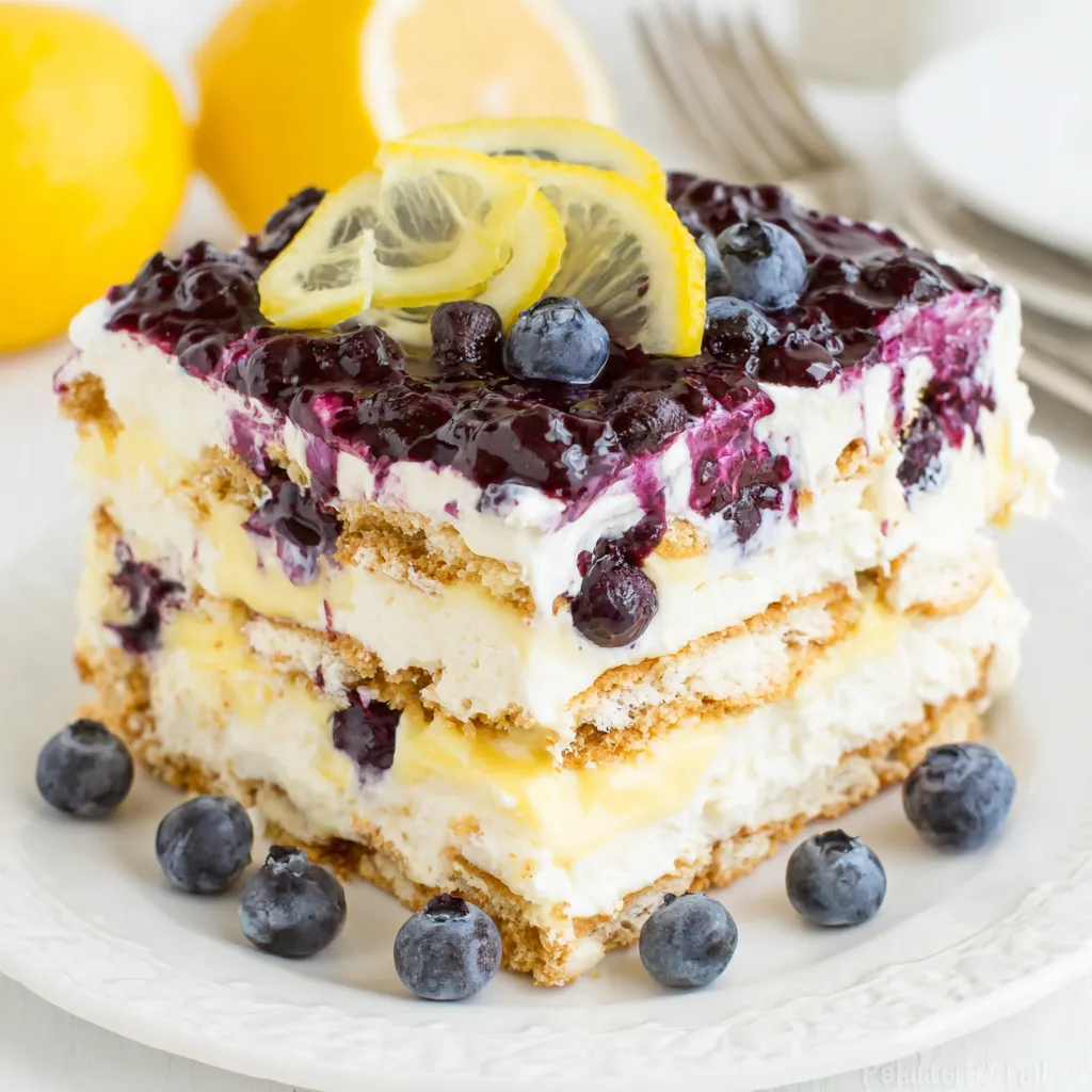 A stack of lemon blueberry icebox cake.