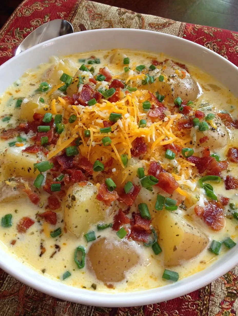 A bowl of loaded potato soup with cheese.