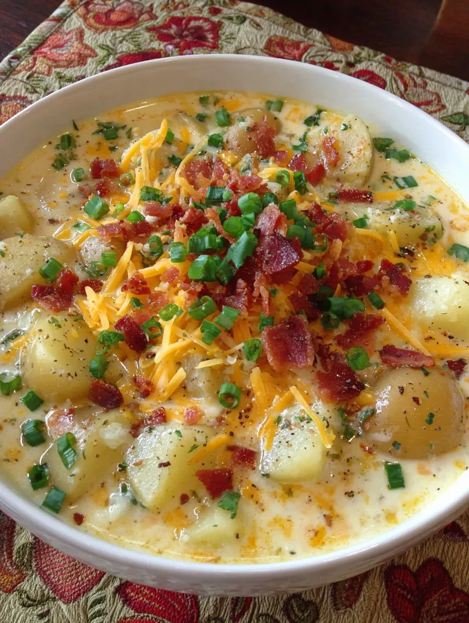 A bowl of loaded potato soup with cheese.