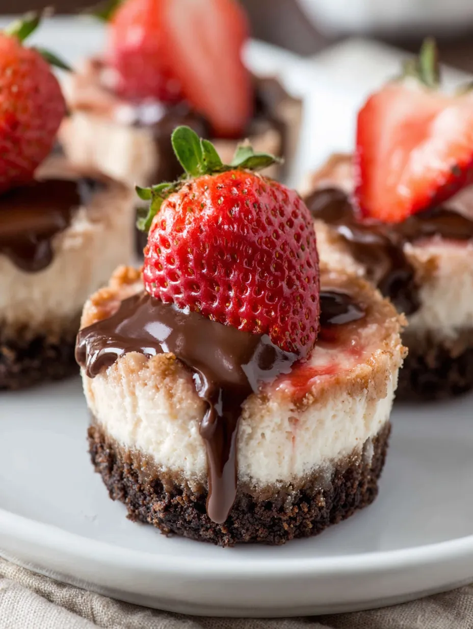 A plate of mini strawberry cheesecakes with chocolate drizzle.