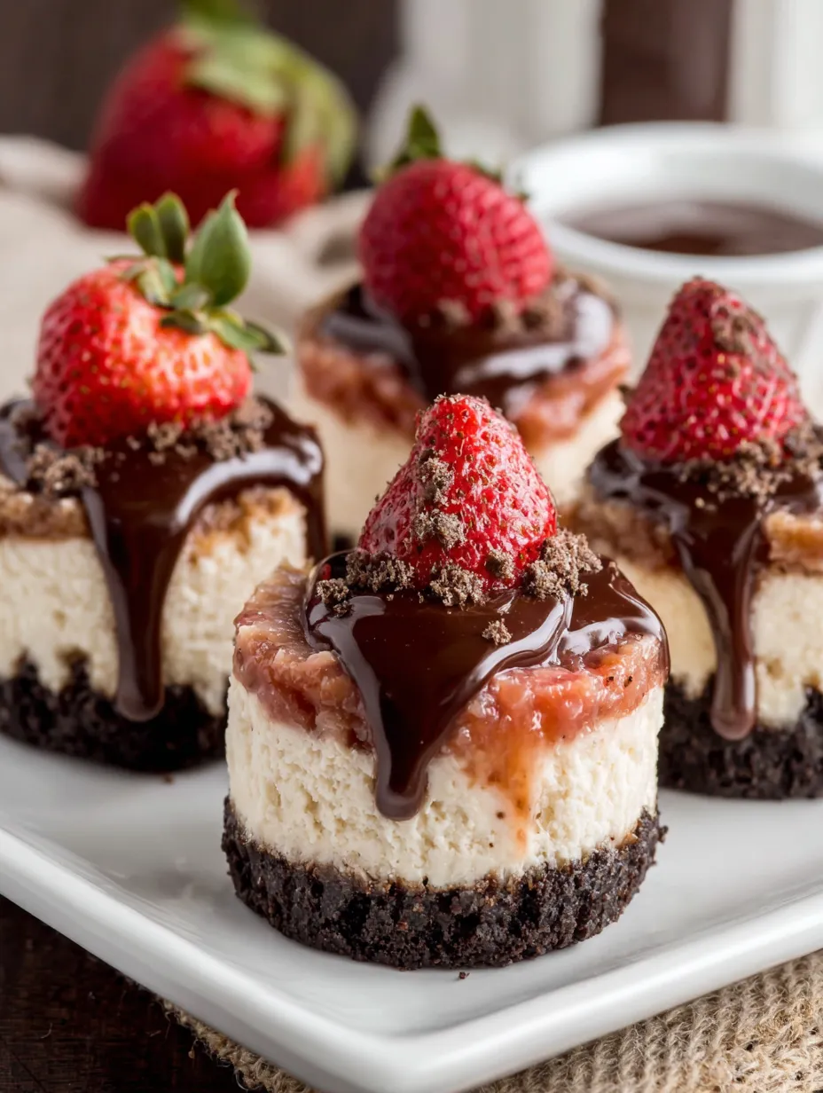 Three mini strawberry cheesecakes with chocolate drizzle.