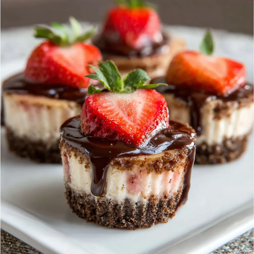 Three mini strawberry cheesecakes with chocolate drizzle.