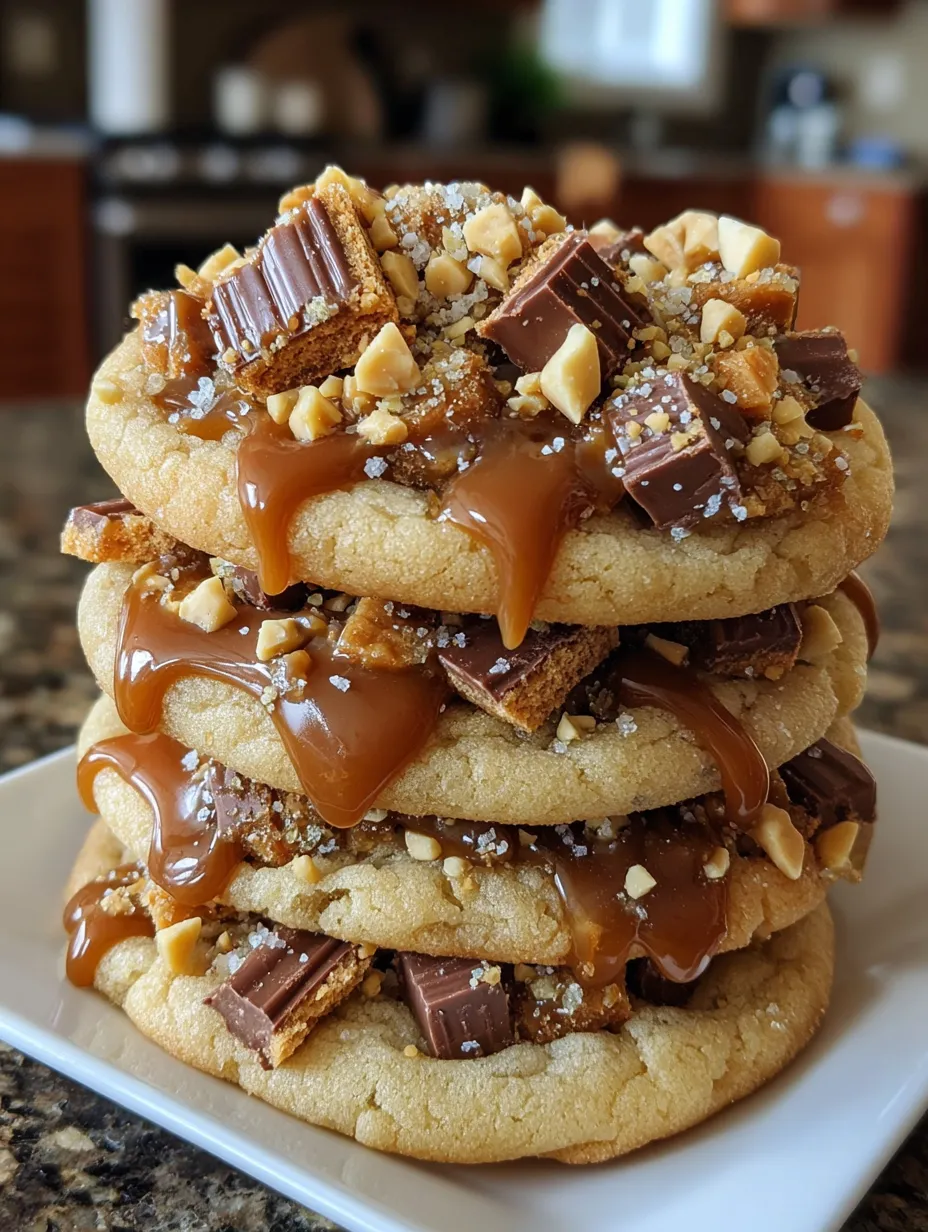 Three stacked cookies with caramel and nuts.