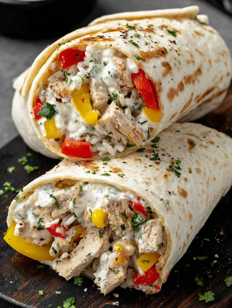 Two easy chicken bell pepper ranch burritos.