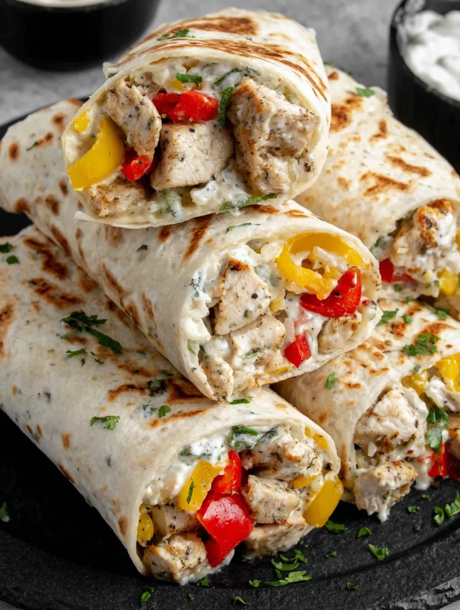 A stack of chicken and bell pepper burritos.