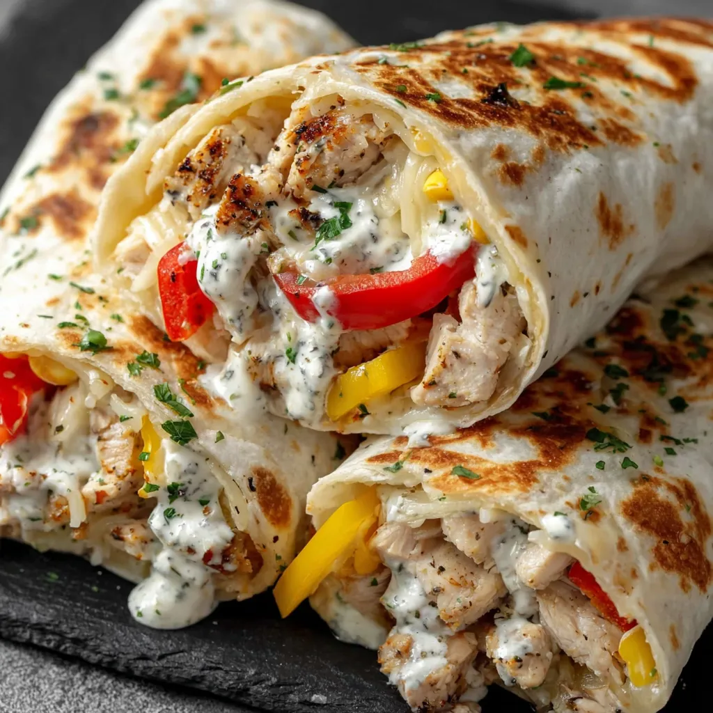 A burrito with chicken, bell peppers, and ranch sauce.