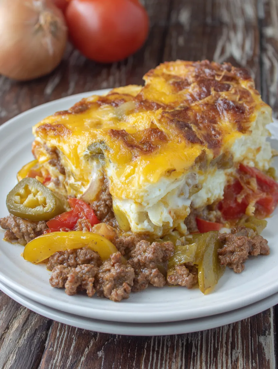 A plate of food with a slice of casserole.