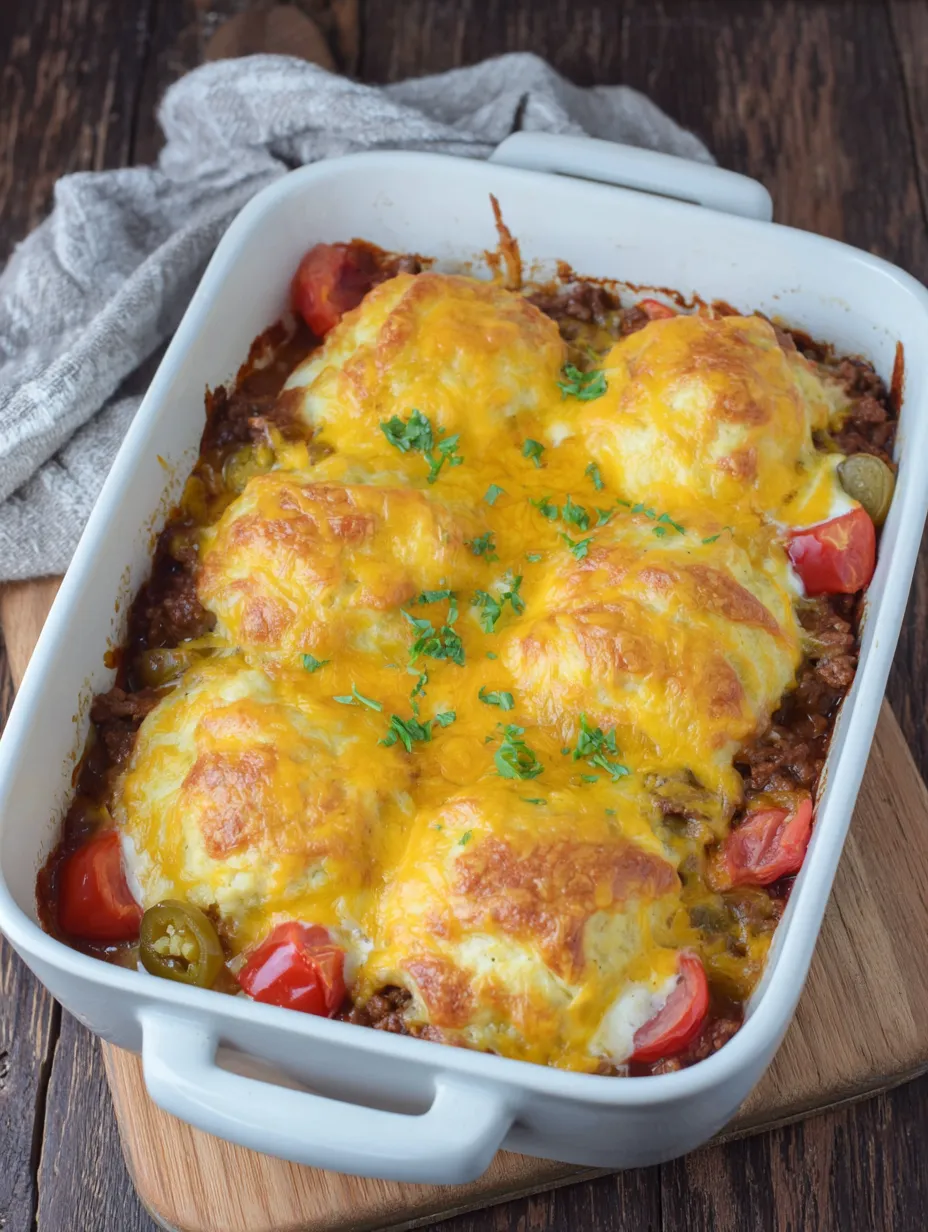 A white dish with a John Wayne Casserole.