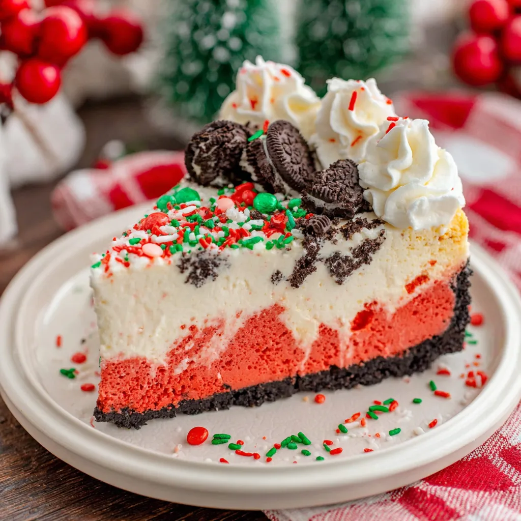 A slice of red velvet cheesecake with white whipped cream and chocolate chips.