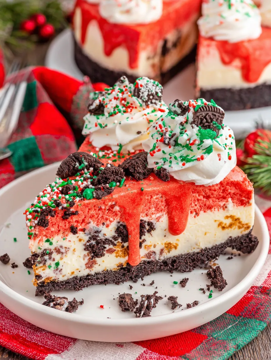 A slice of red velvet cheesecake with white whipped cream and chocolate chips.