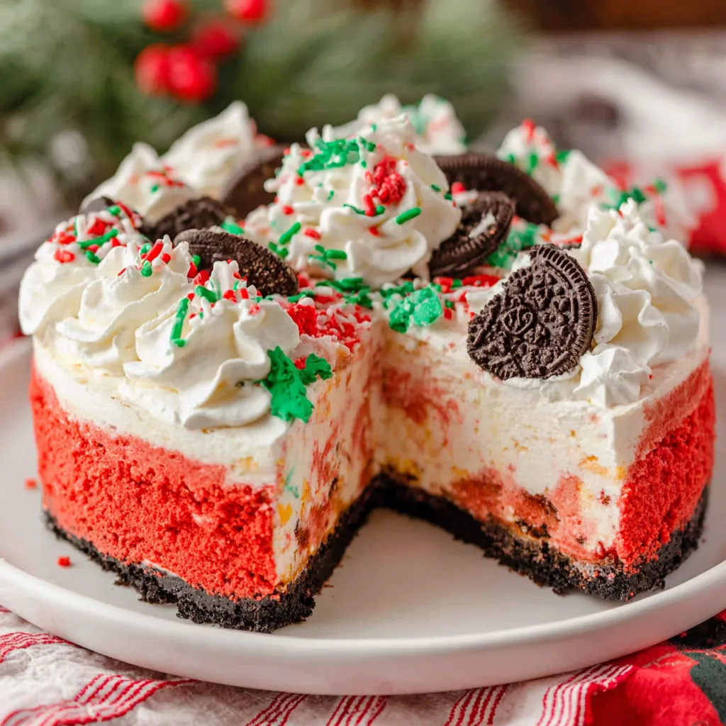 A slice of red velvet cheesecake with white whipped cream and a green and red sprinkle topping.