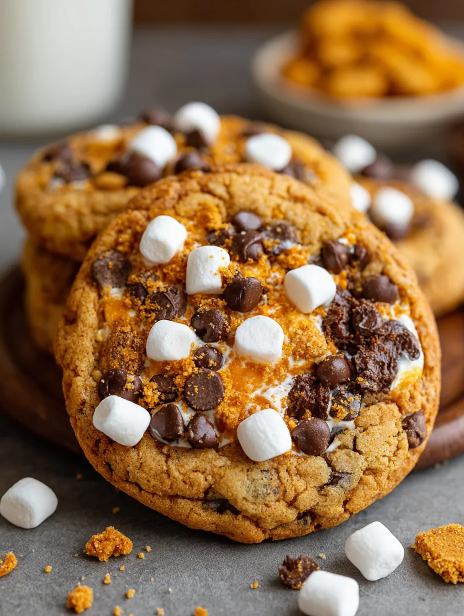 A close up of a pumpkin s'mores cookie.