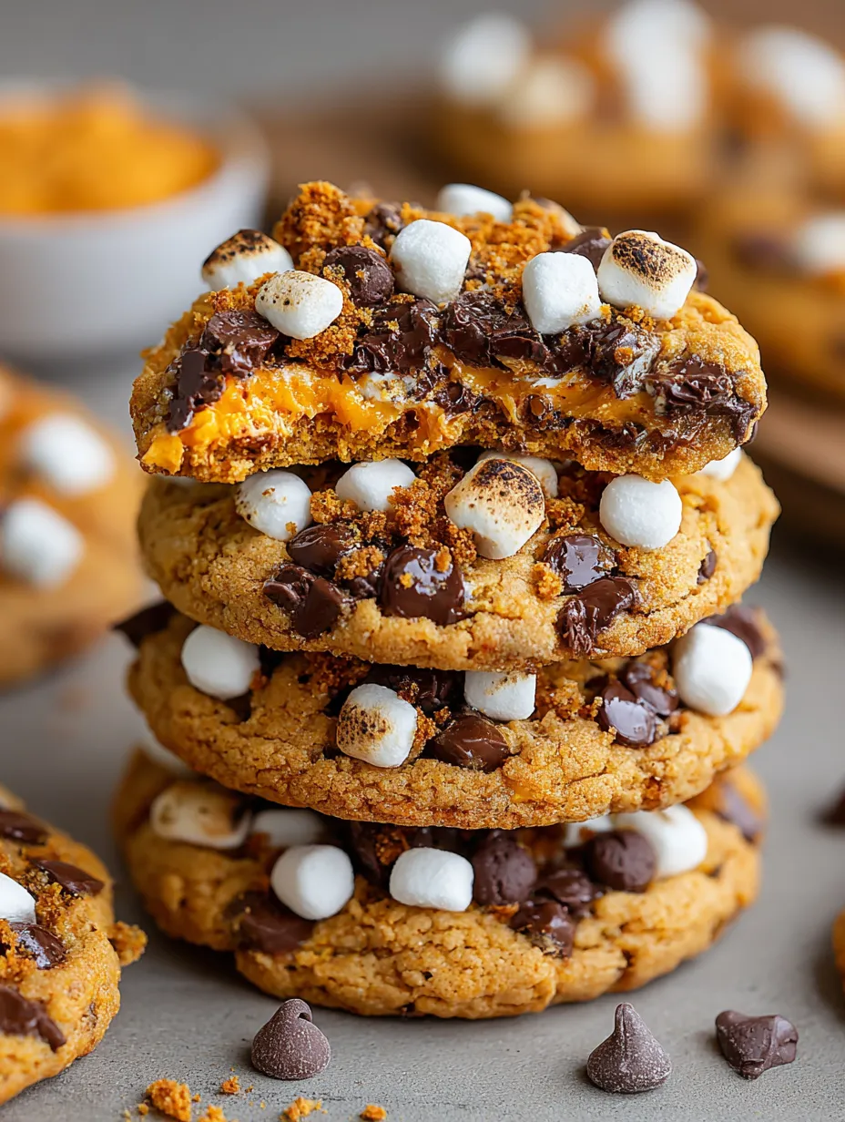 Pumpkin S'mores cookies stacked on top of each other.