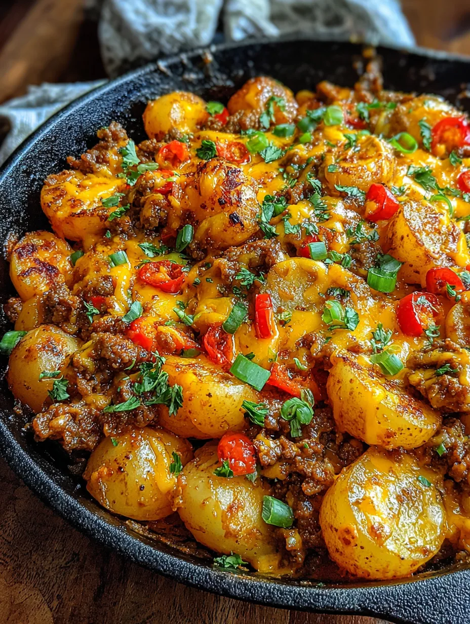 A delicious cheesy one pot beef and potatoes dish.