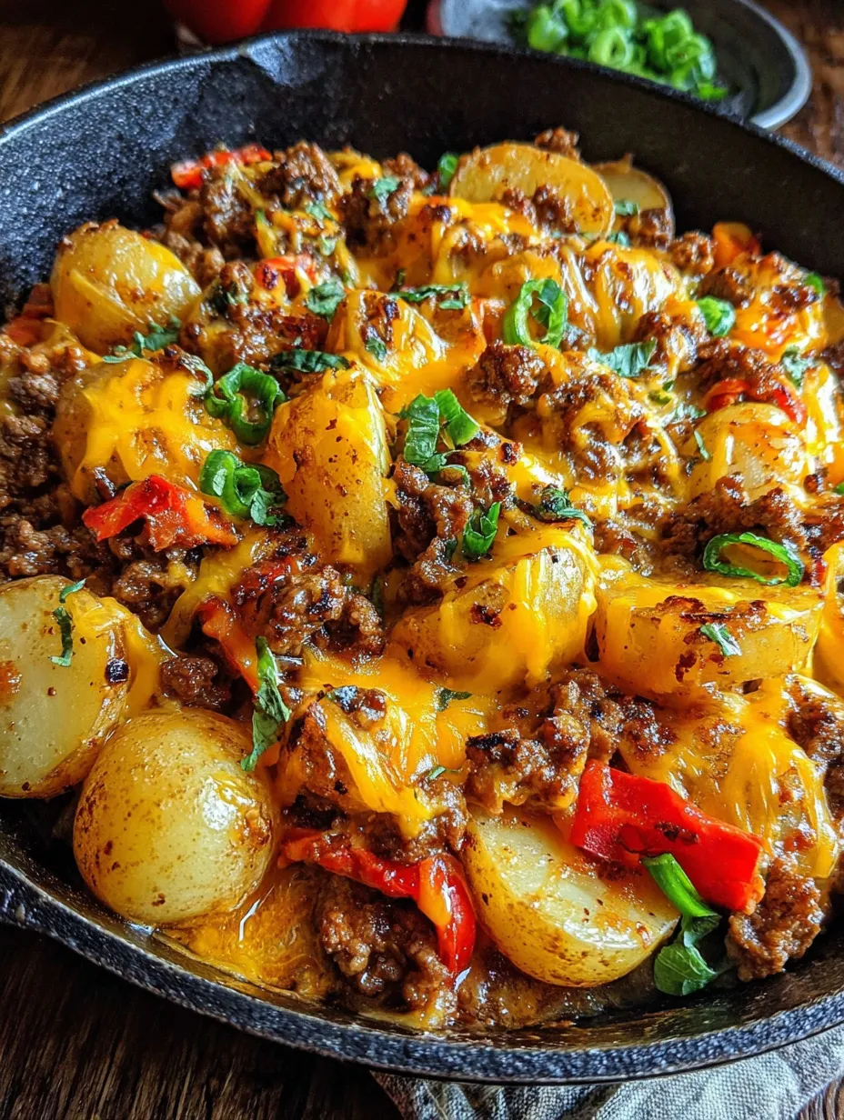 A delicious cheesy one pot beef and potatoes meal.