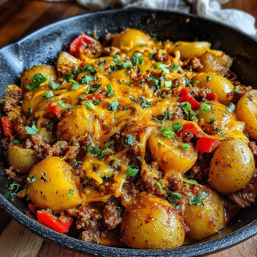 A delicious one pot meal of beef and potatoes.