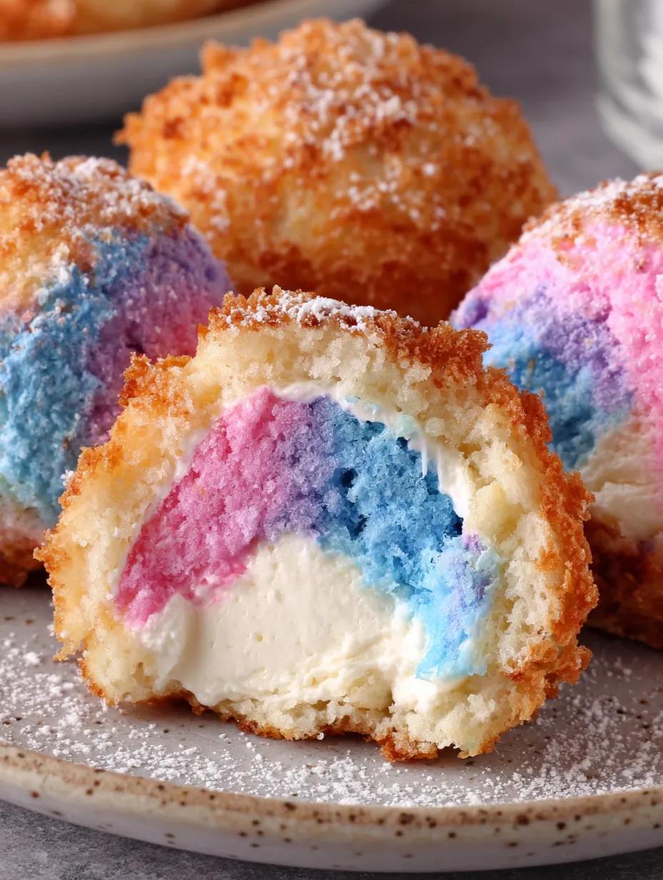 Colorful cotton candy cheesecake bombs.