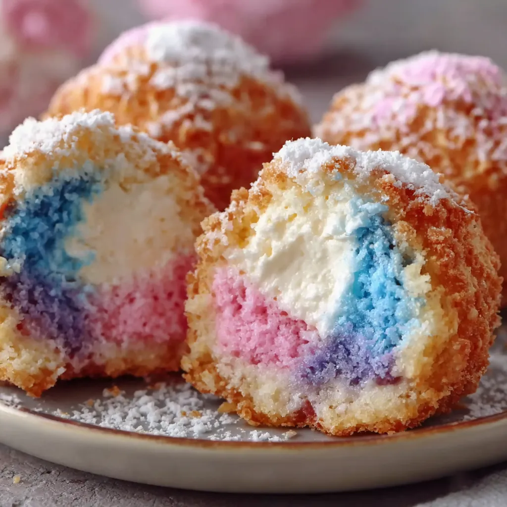 A plate of colorful cotton candy cheesecake bombs.