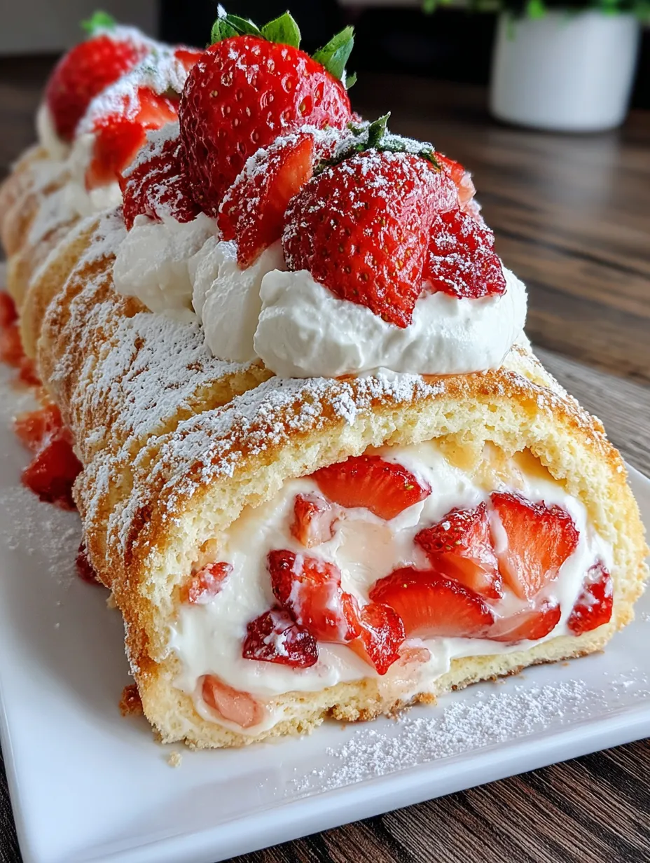 A dessert roll with strawberries and whipped cream.