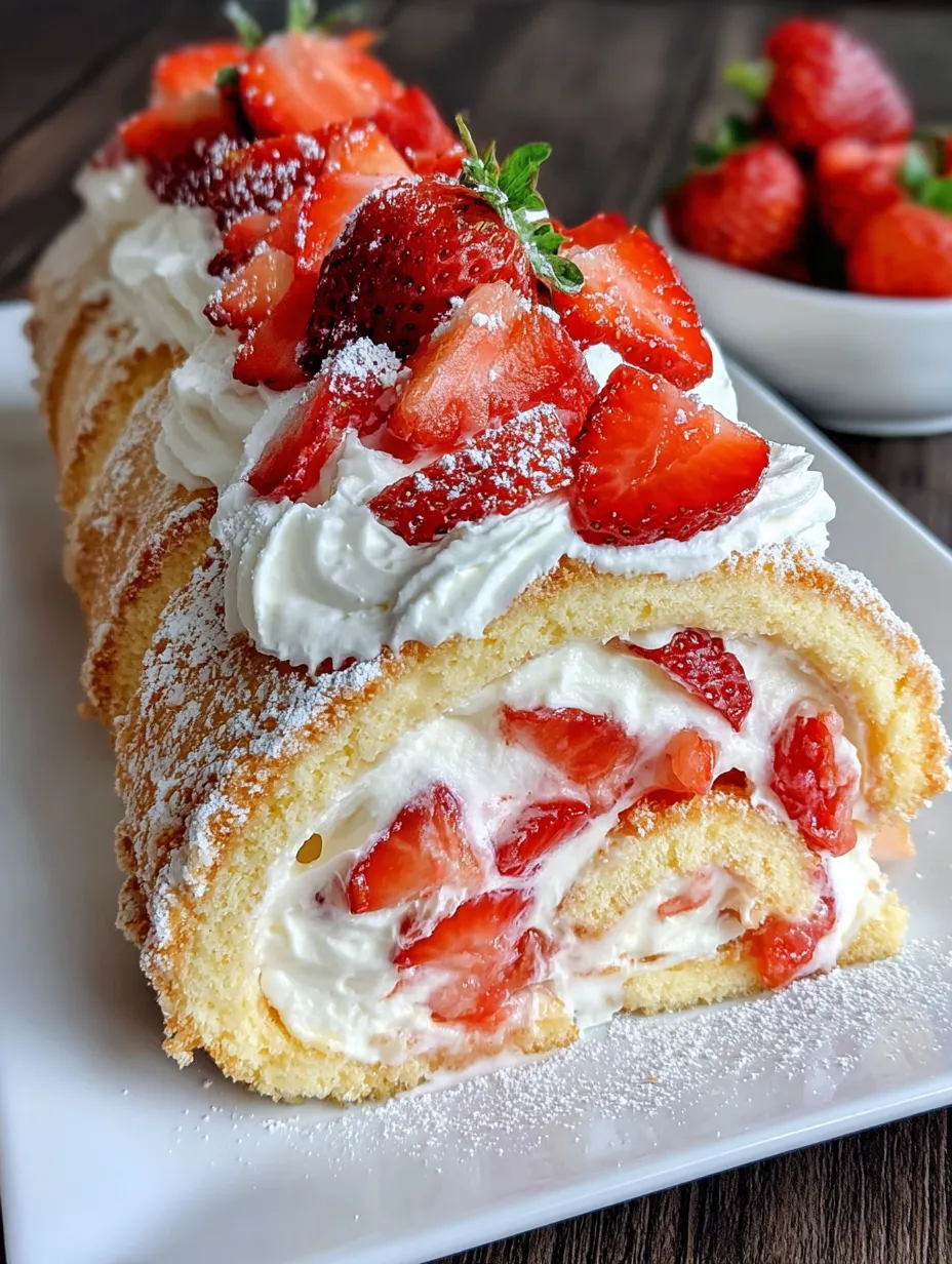 A dessert roll with strawberries and whipped cream.