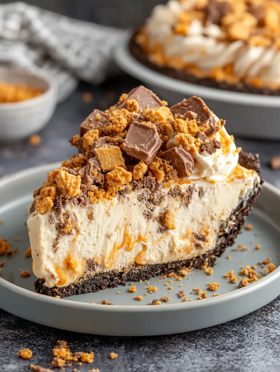 A slice of pie with chocolate and peanut butter toppings.