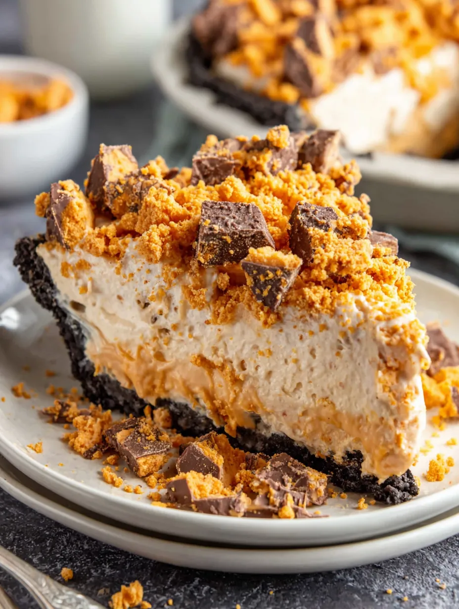 A slice of pie with chocolate and peanut butter toppings.