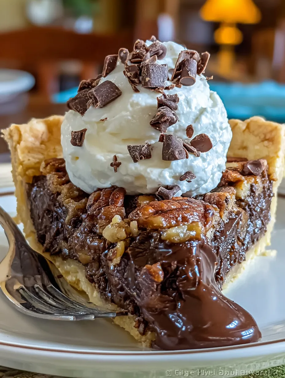 A slice of chocolate pecan pie with whipped cream on top.