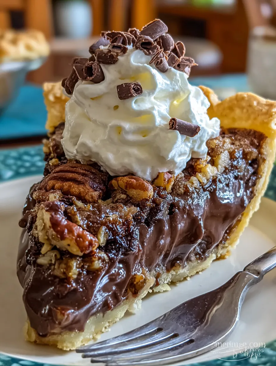 A slice of chocolate pecan pie with whipped cream on top.
