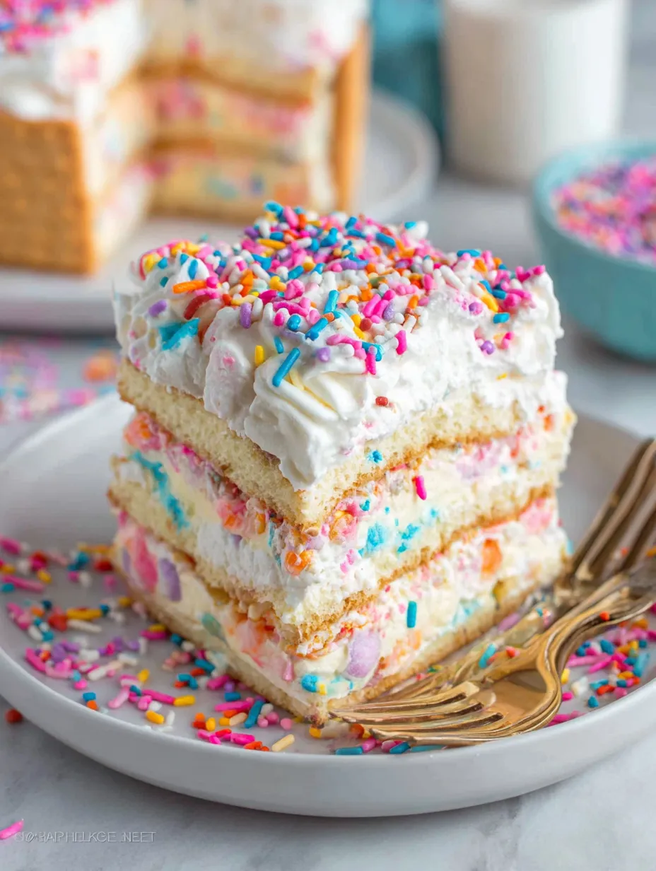 A slice of Funfetti Icebox Cake.