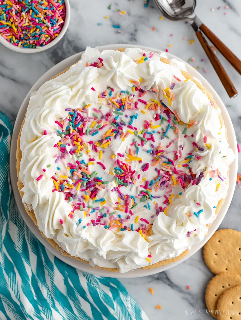 A Funfetti Icebox Cake with white frosting and sprinkles.