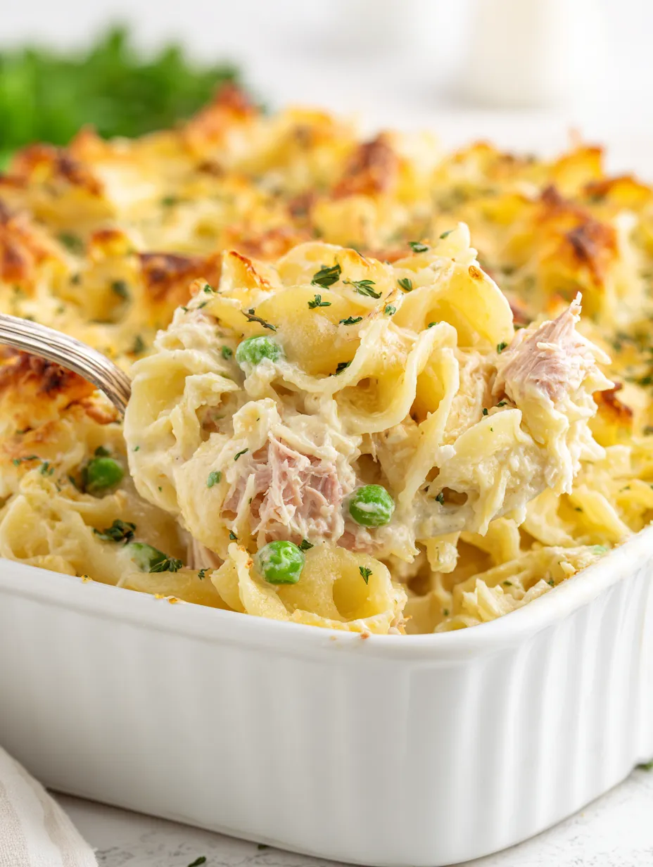 A white bowl filled with a tuna noodle casserole.