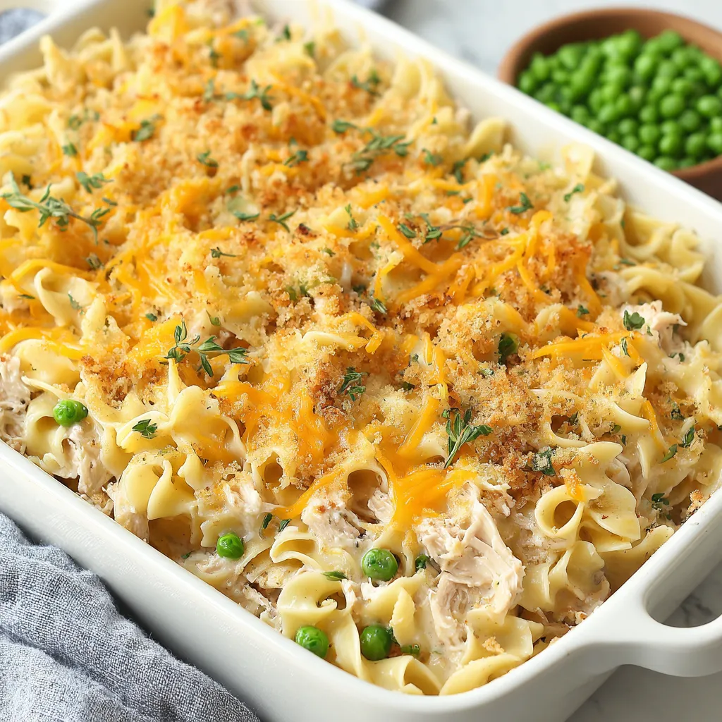 A white bowl filled with a tuna noodle casserole.