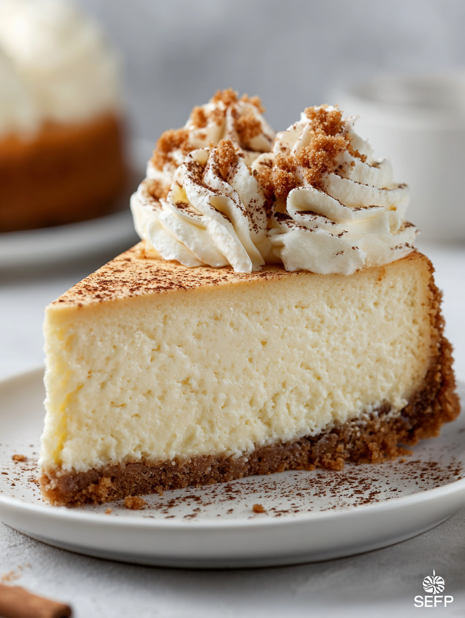 A slice of eggnog cheesecake with a dollop of whipped cream on top.