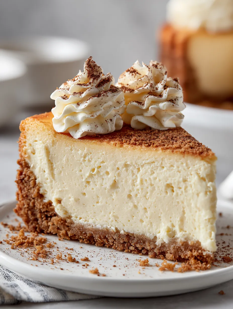 A slice of eggnog cheesecake with whipped cream on top.