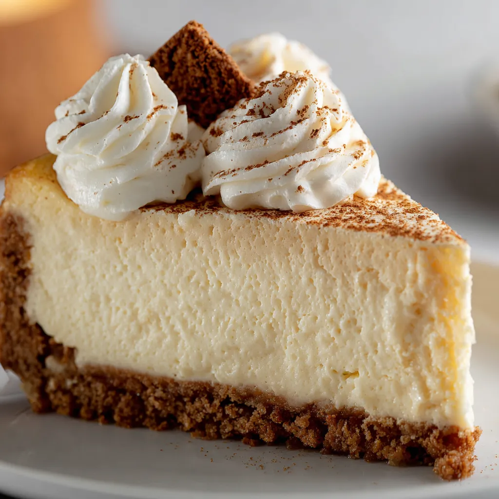 A slice of eggnog cheesecake with whipped cream on top.