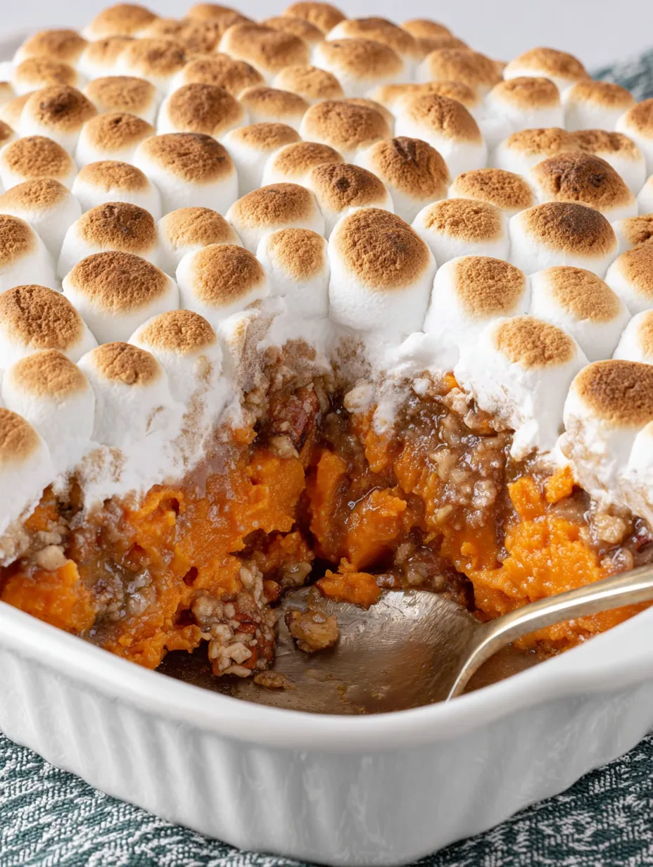 A slice of a sweet potato marshmallow casserole.