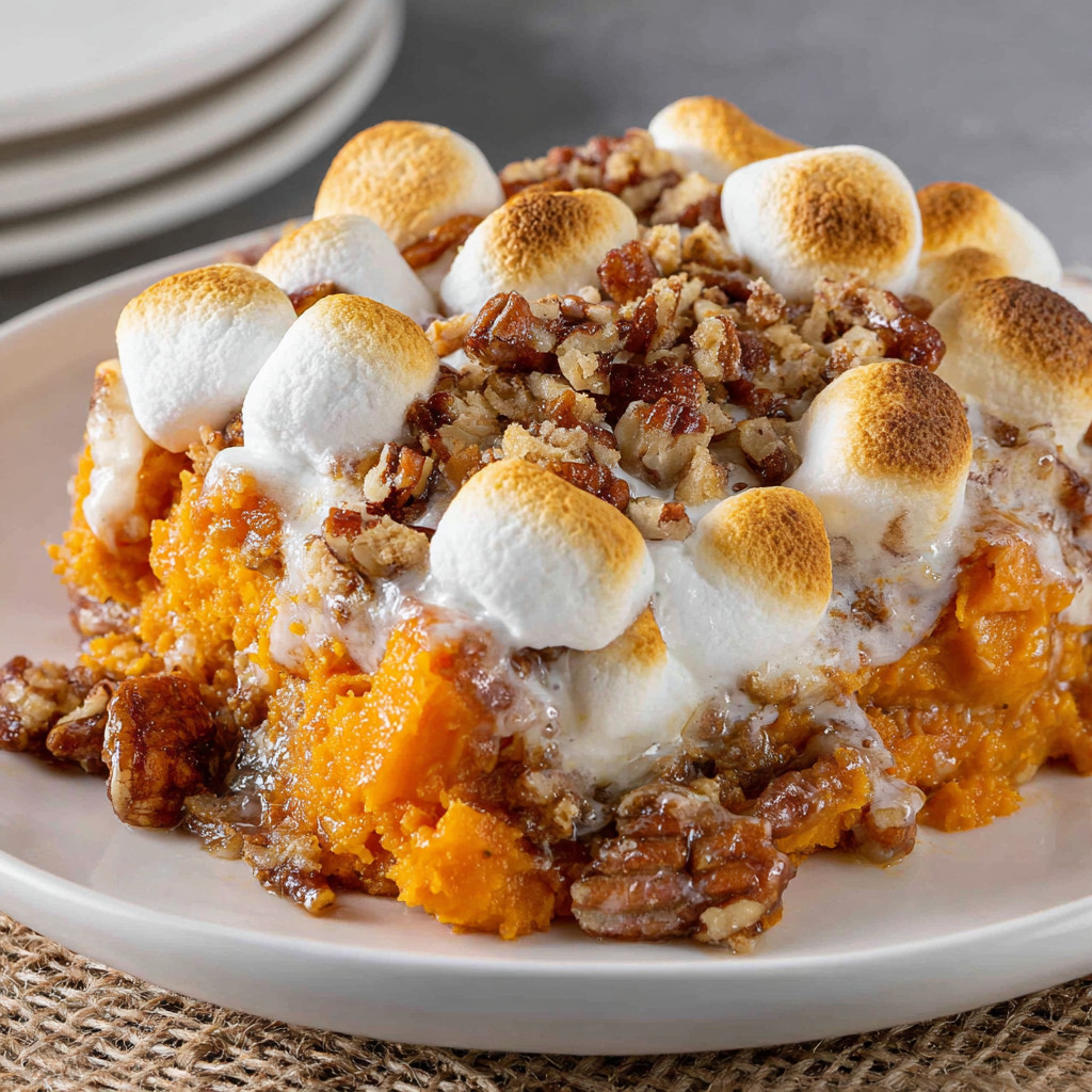 A plate of sweet potato marshmallow casserole.