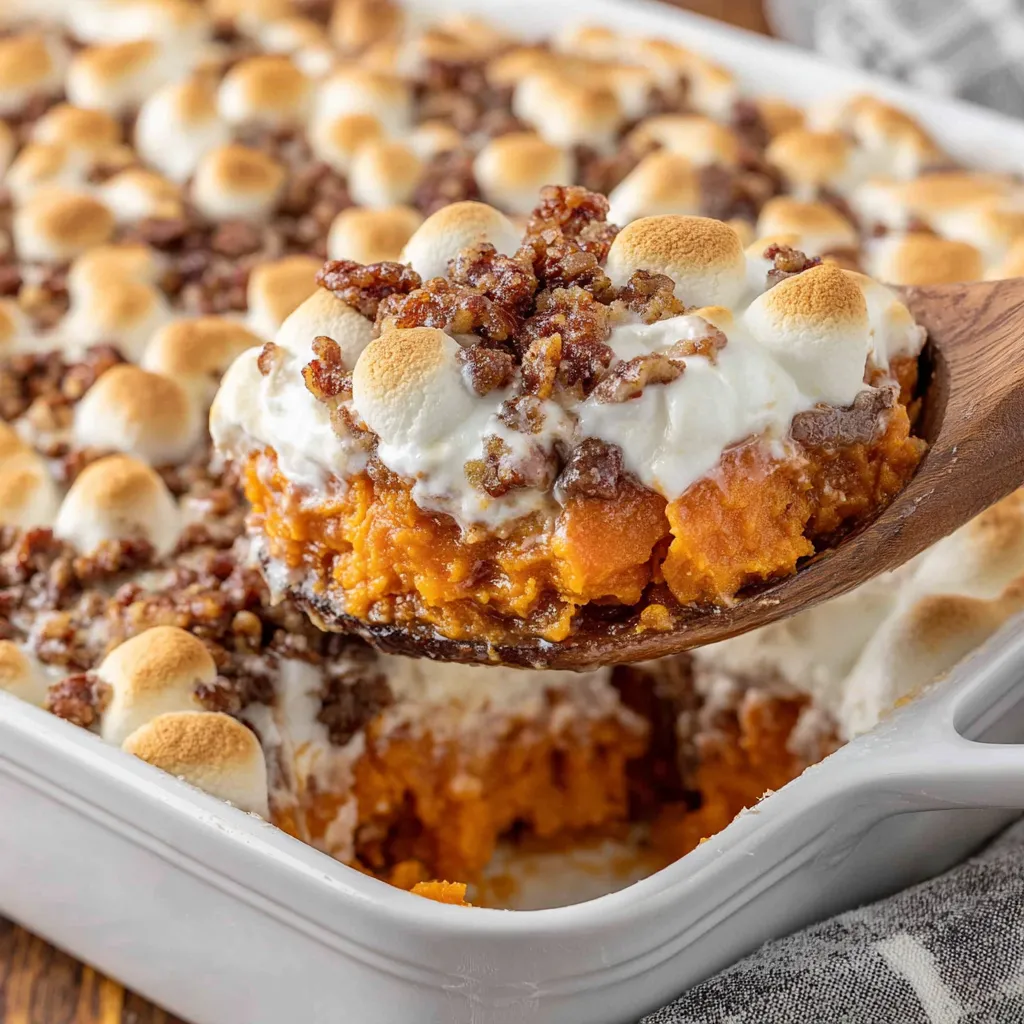 A wooden spoon is in a casserole dish with a sweet potato marshmallow topping.