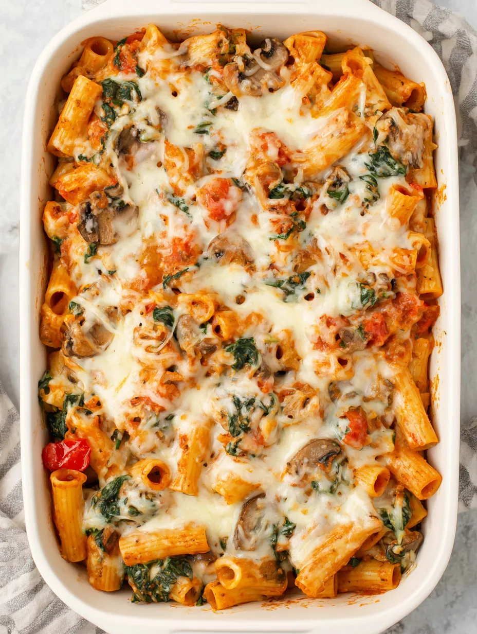 A dish of rigatoni with mushrooms and spinach.
